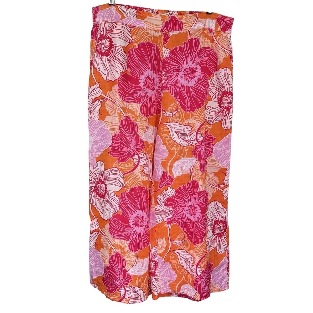 Rachel Zoe Cropped Pants 100% Linen Wide Leg Pink Floral Boho Resort Women's XL